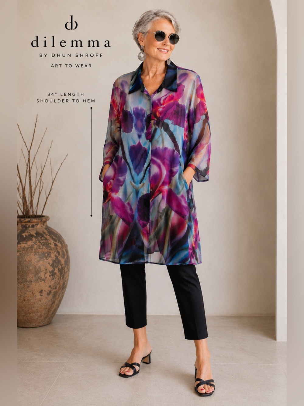 Vintage Dilemma Dhun Shroff Wearable Art Sheer Oversized Tunic Blouse L XL